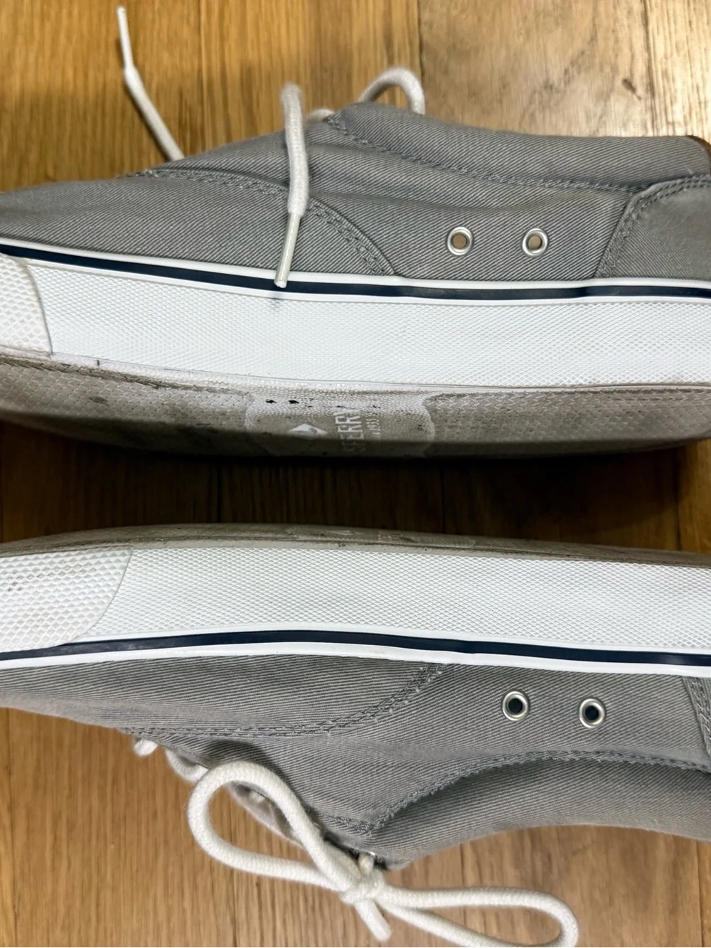 Sperry Men’s Gray Canvas Boat Shoes with White Laces, Size 11